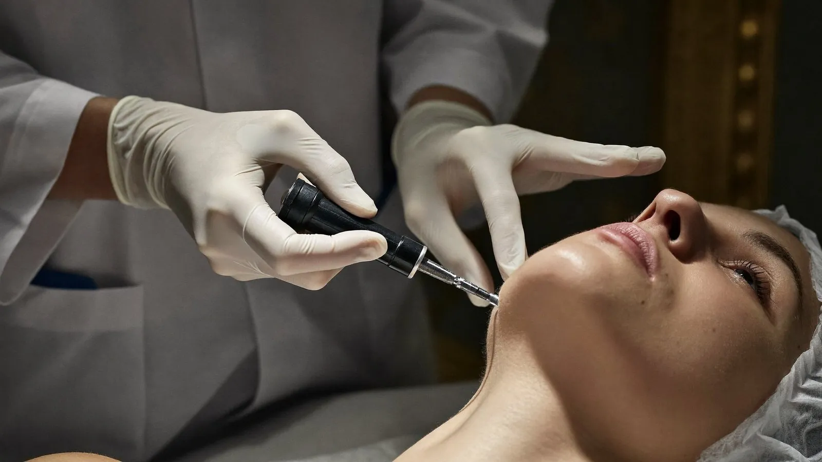 Dr Sin Yong demonstrating the skin stretch test used to identify tethered acne scars in Singapore