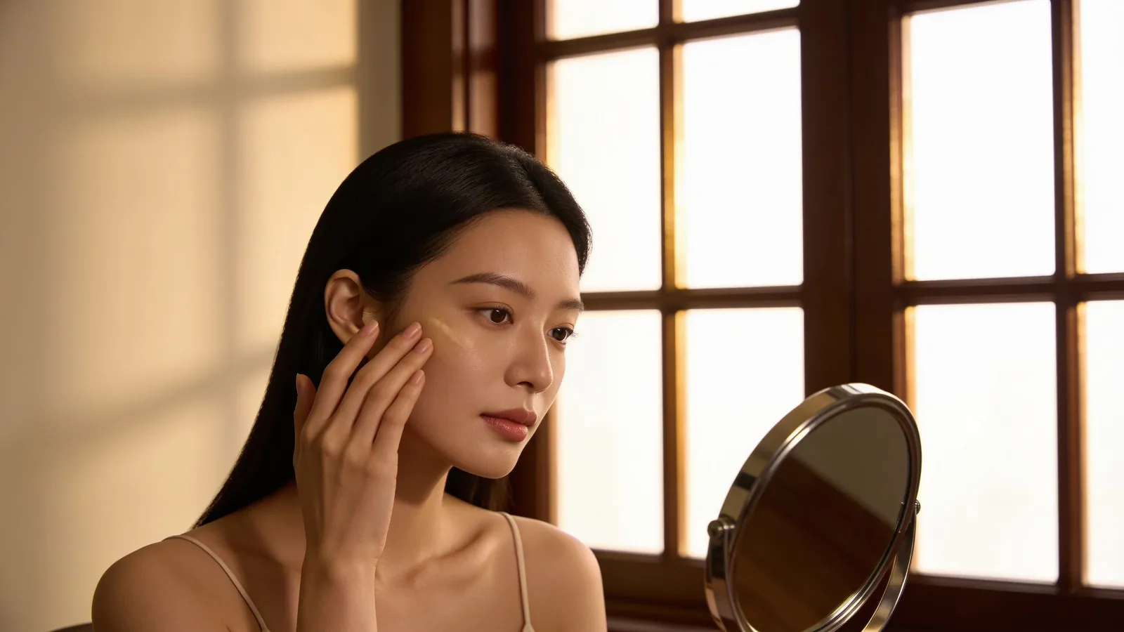 An East Asian woman in her late 20s seated by a tall window — illustrative image