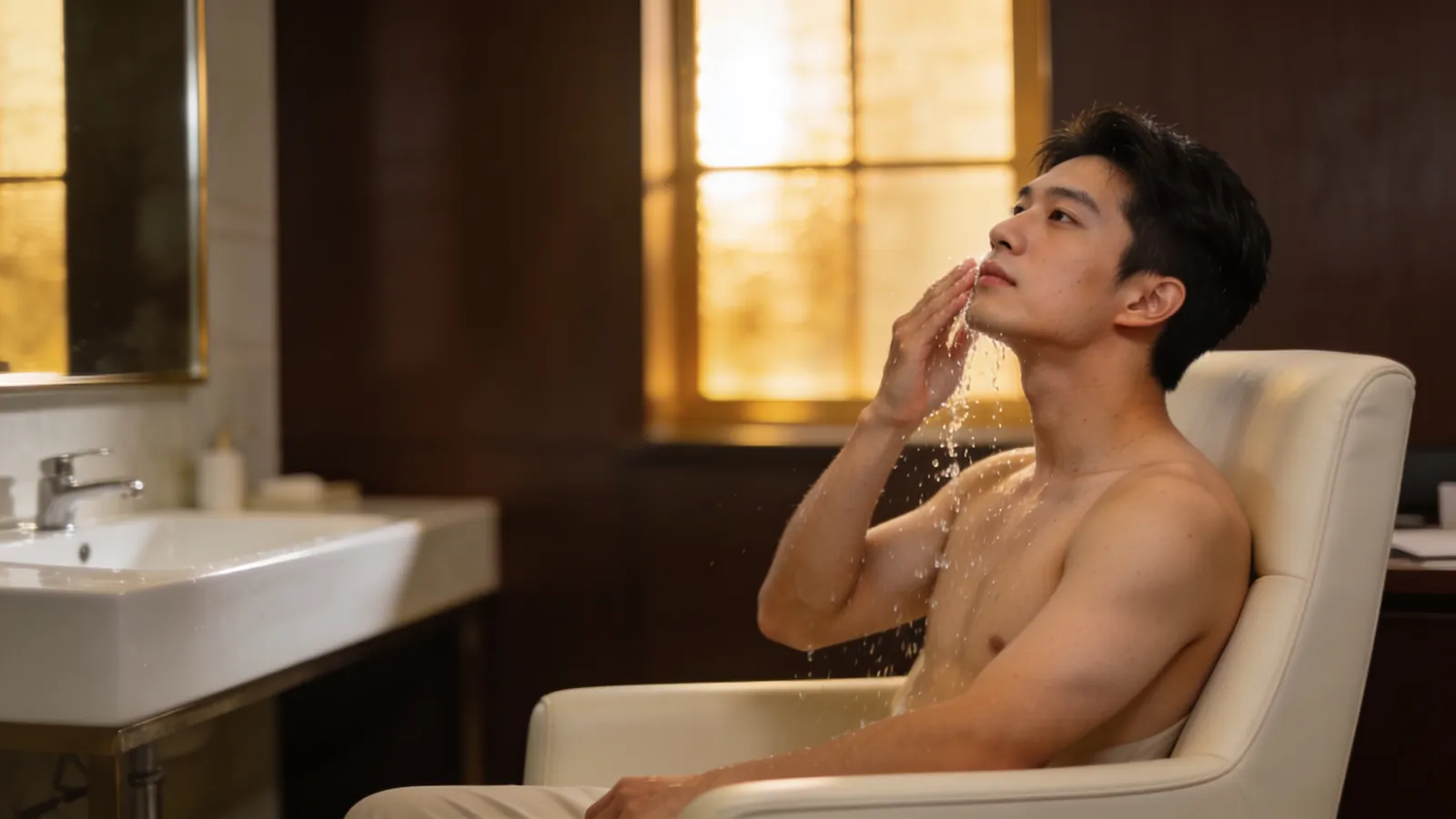 坐在浴室椅子上的年轻东亚男性,示意图片