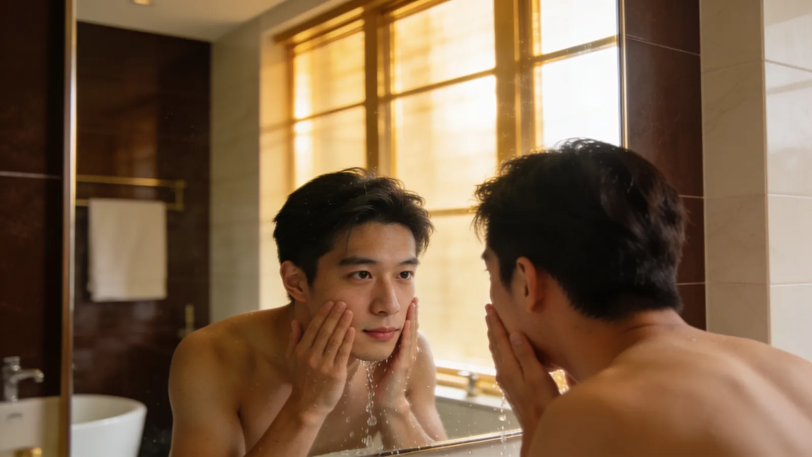 对着镜子洗脸的年轻东亚男性,示意图片