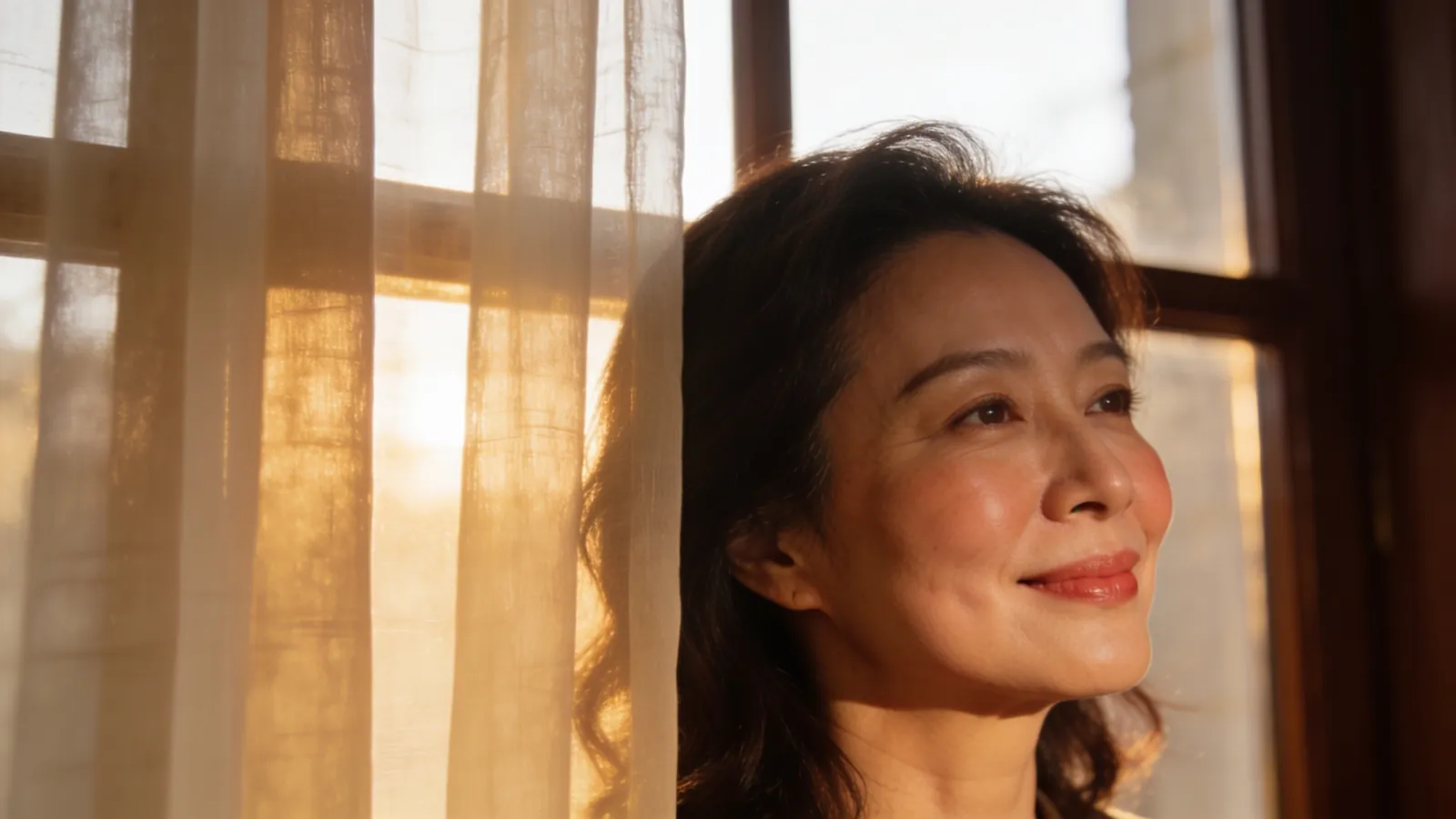 An East Asian woman in her 40s with lifted soft cheeks — illustrative image
