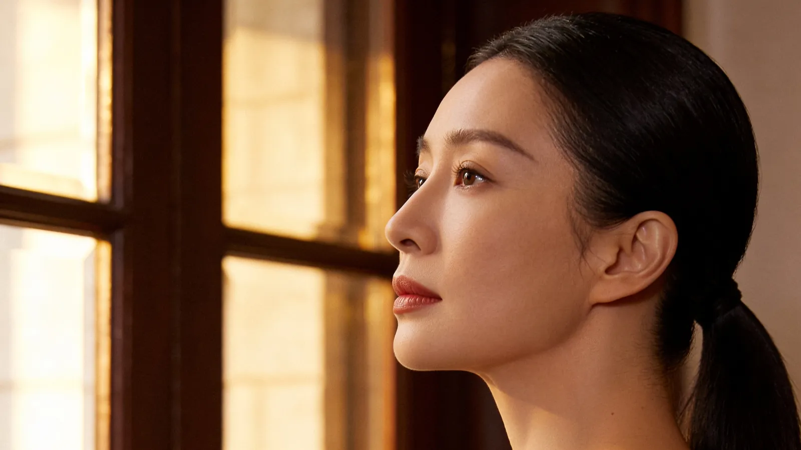 An East Asian woman in her 30s in side profile with a balanced chin and lip line — illustrative image