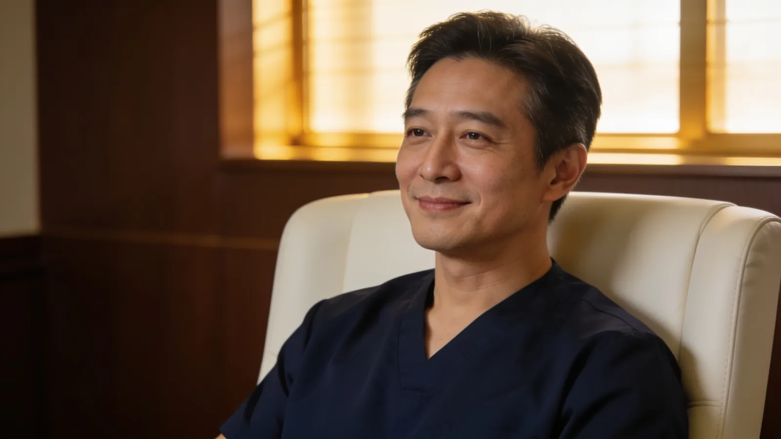 An East Asian man in his 40s in a navy shirt — illustrative image