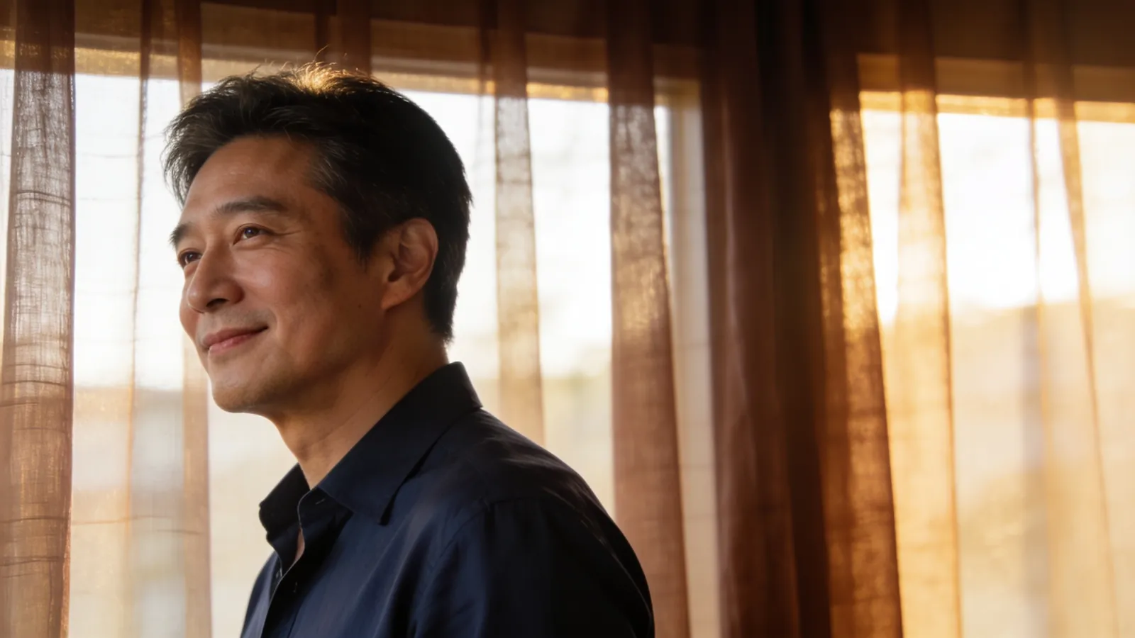 An East Asian man in his 40s in a navy shirt — illustrative image