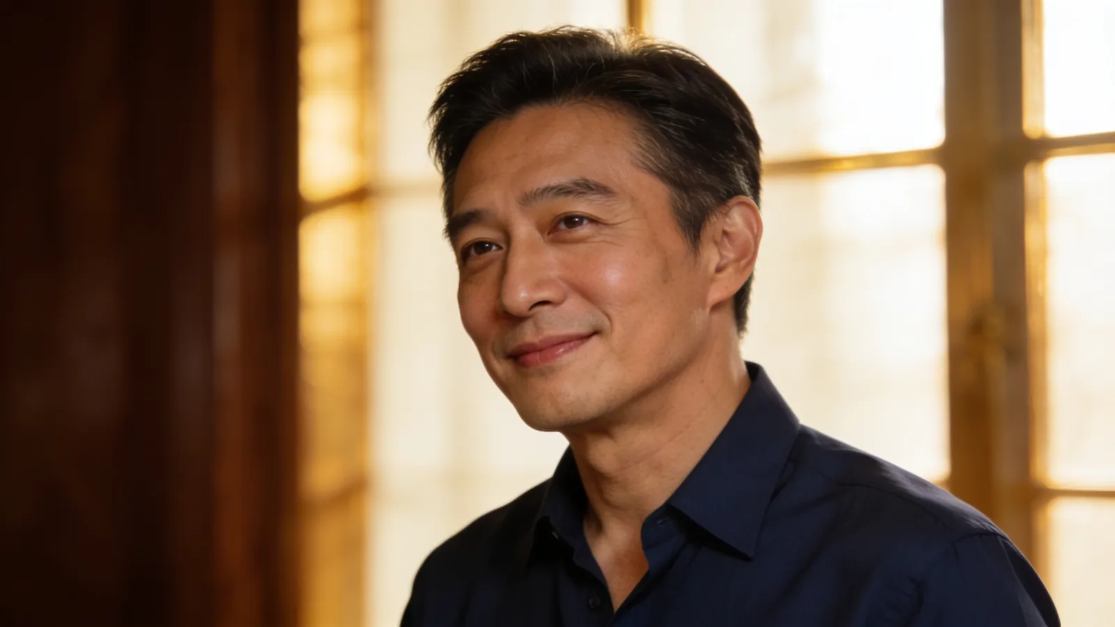 An East Asian man in his 40s in a navy shirt — illustrative image