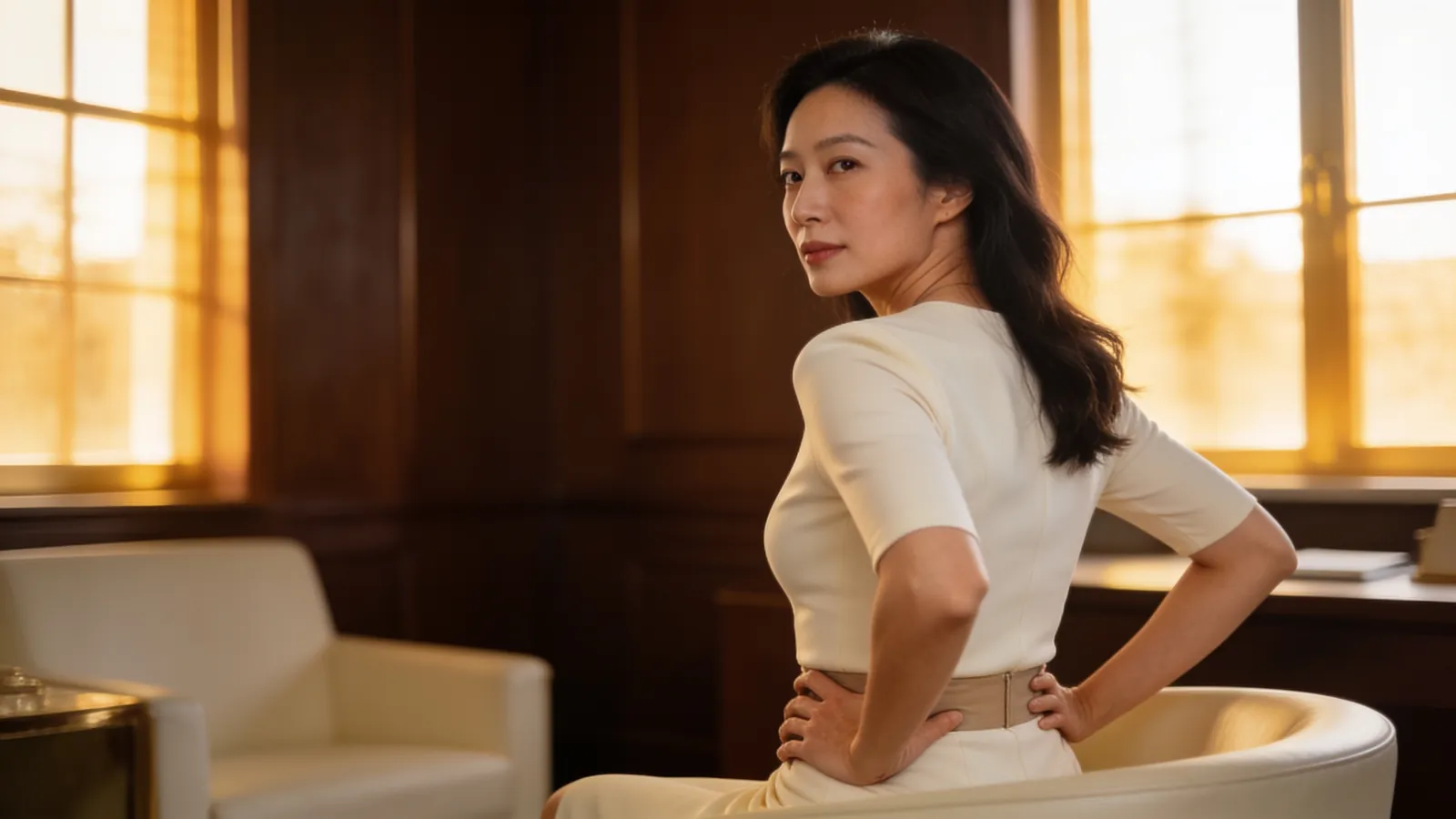An East Asian woman in her 30s in a cream fitted top — illustrative image