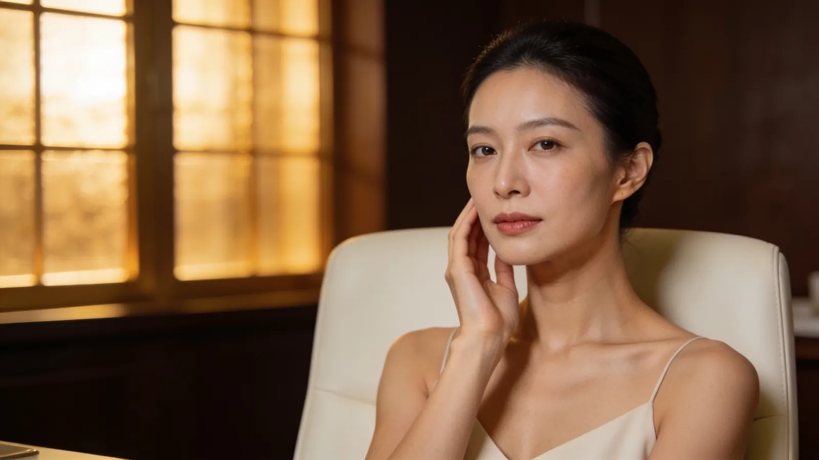 An East Asian woman in her 30s with a slim V-shaped jawline — illustrative image