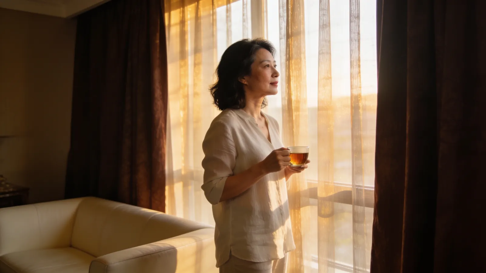 An East Asian woman in her 40s sitting relaxed on a cream sofa holding a cup of tea — illustrative image