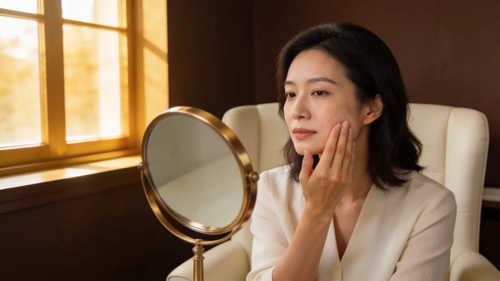 坐在窗边、对着圆形铜镜端详脸颊的东亚女性,示意图片