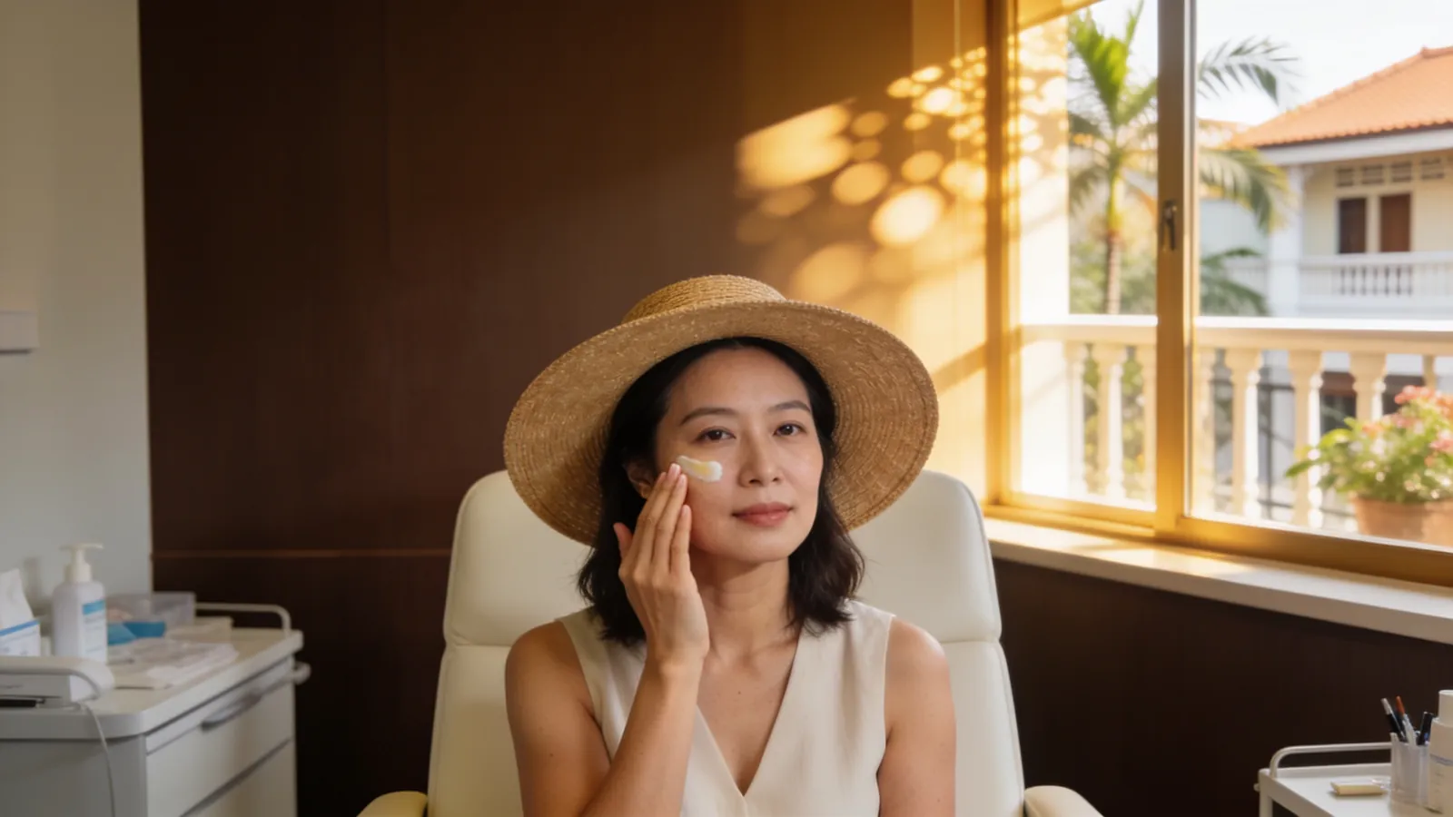 麦わら帽子をかぶり、椅子に座って頬にクリームを塗る東アジア系の女性、イメージ画像
