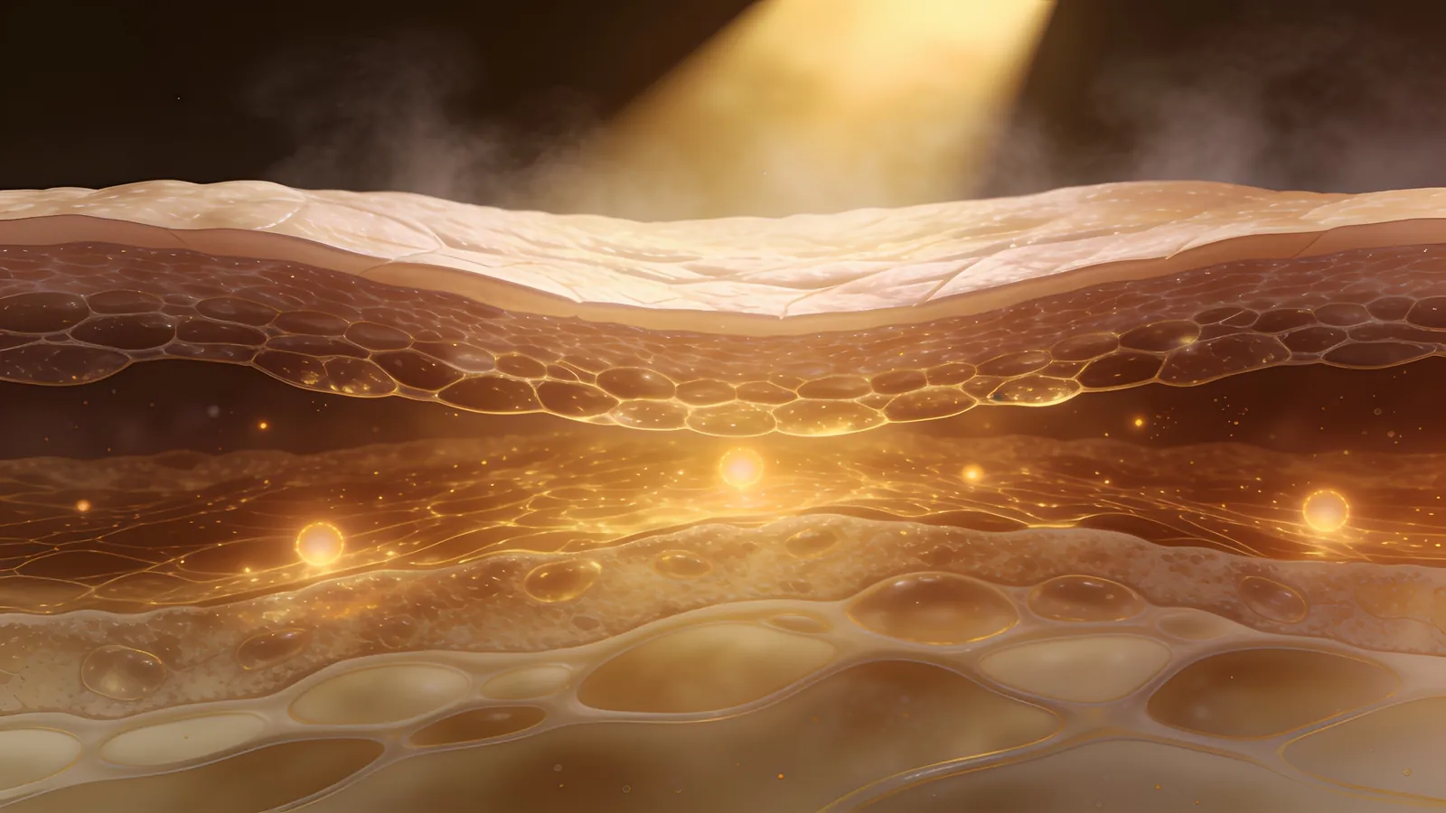 Abstract cross-section illustration of skin layers in translucent amber and gold — illustrative image