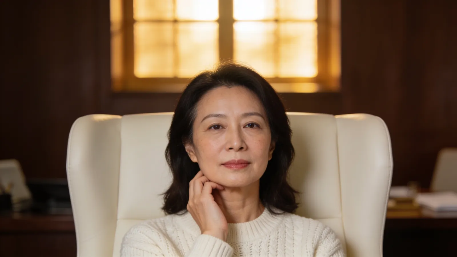 An East Asian woman in her early 50s with her hand resting lightly along her jawline — illustrative image