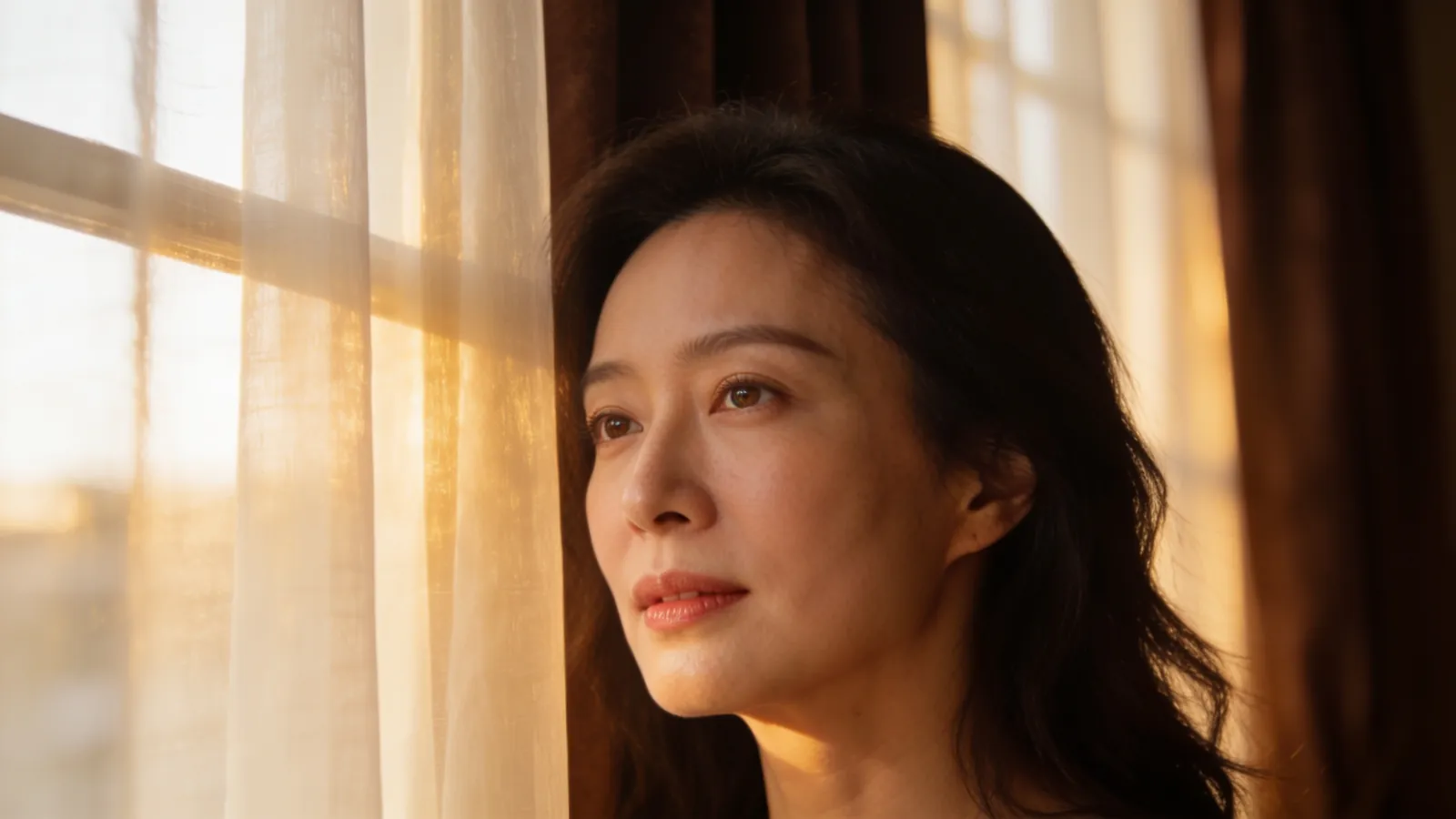 An East Asian woman in her late 30s looking straight ahead with bright refreshed eyes — illustrative image