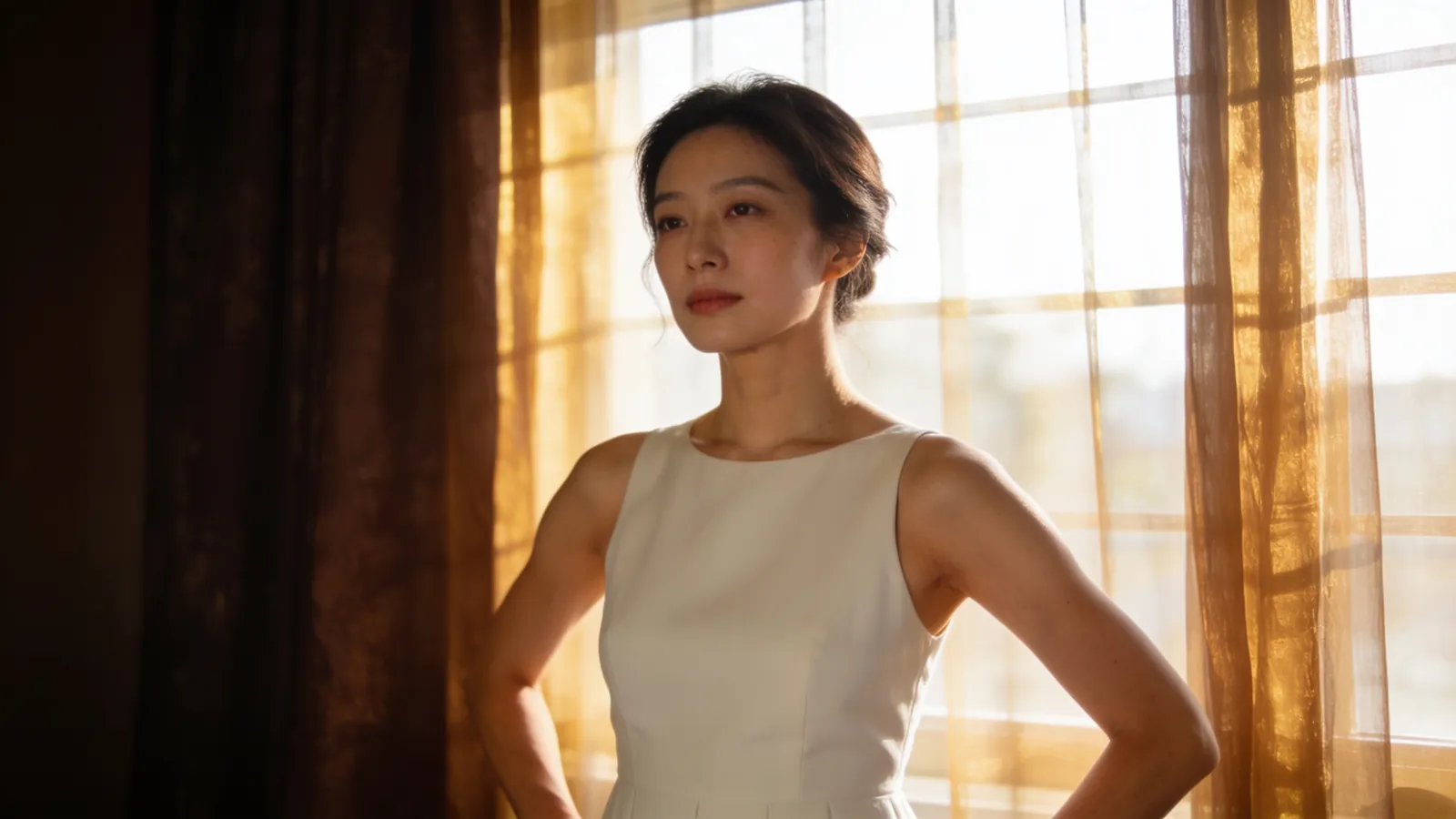 An East Asian woman in a white sleeveless dress with arms relaxed — illustrative image