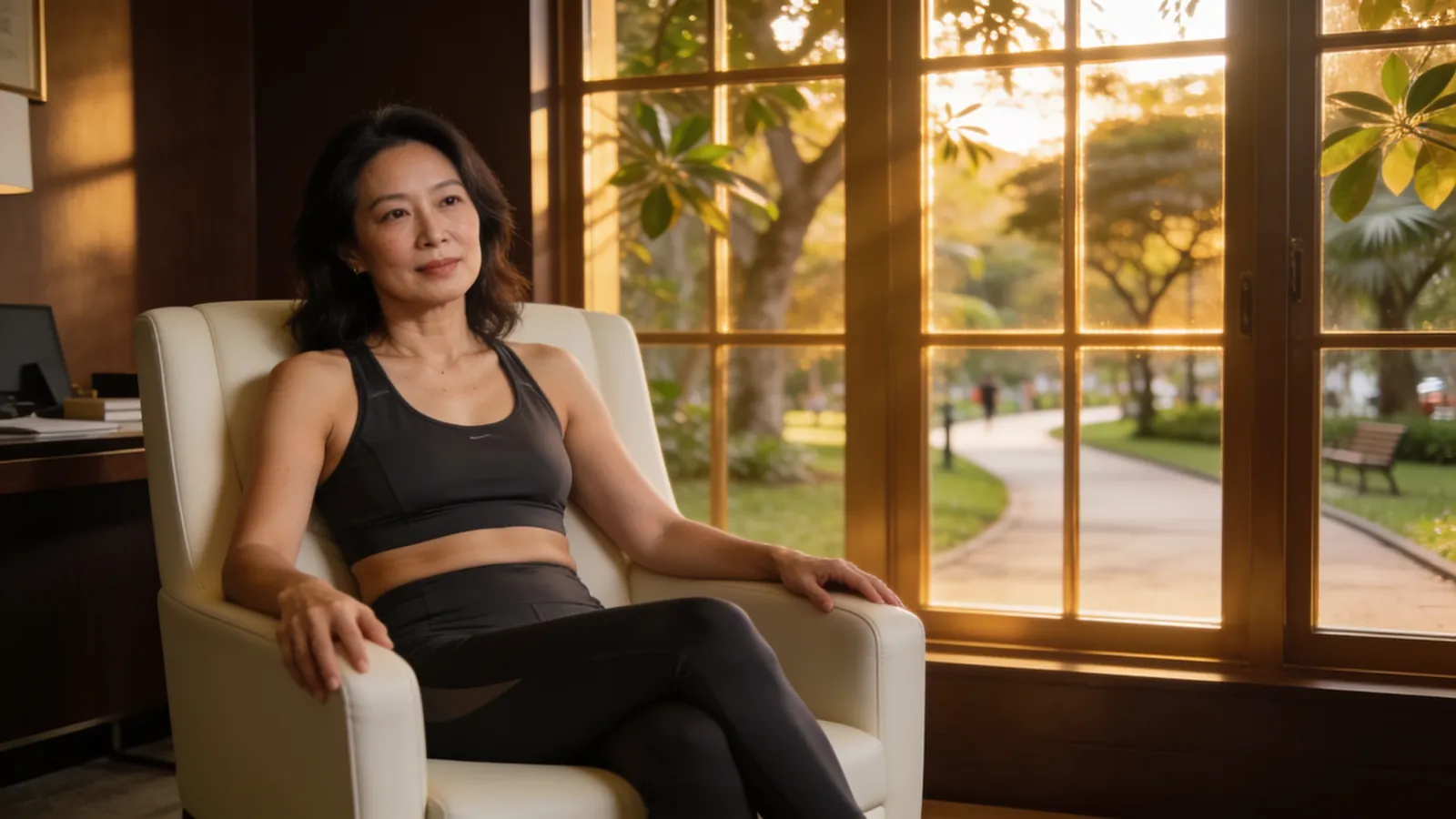 An East Asian woman in her 40s walking along a leafy Singapore park path in athletic wear — illustrative image