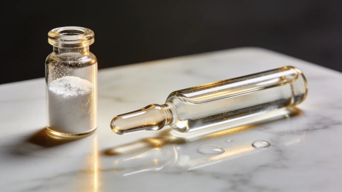 A small glass vial of fine white powder beside a glass ampoule of sterile water on white marble