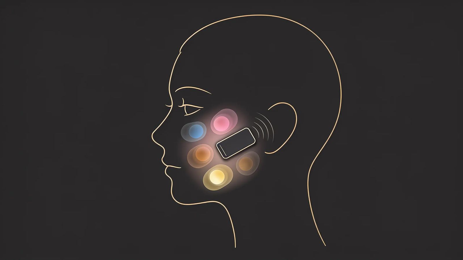 Line illustration of a face in profile with several shaded zones over the cheek and under-eye area and a small ultrasound probe resting on the cheek, representing the different causes of puffiness after filler