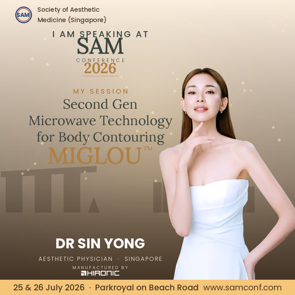 Session card — Second Gen Microwave Technology for Body Contouring, MIGLOU by HIRONIC, presented by Dr Sin Yong at the SAM Conference 2026